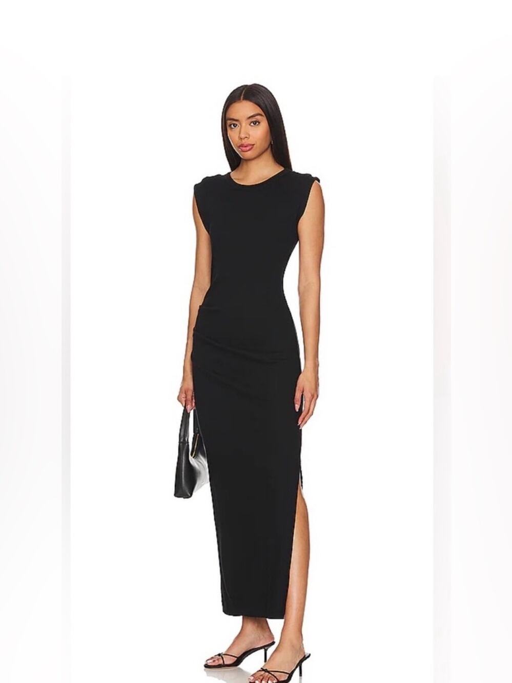 NWT EVEREVE Michael Stars Callie Ribbed Ruched full length black maxi dress L